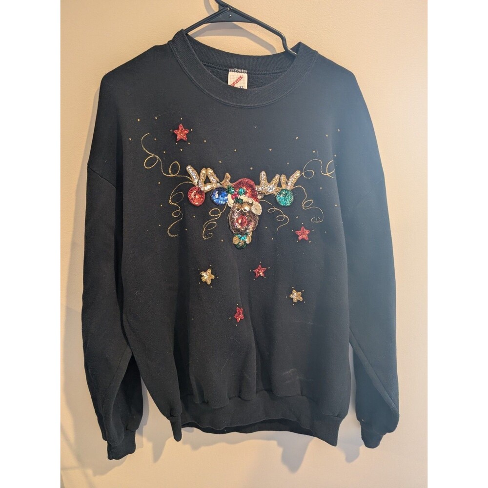 Women's Black XL REINDEER Sweater USA Ugly Christmas Sweater Party Pullover